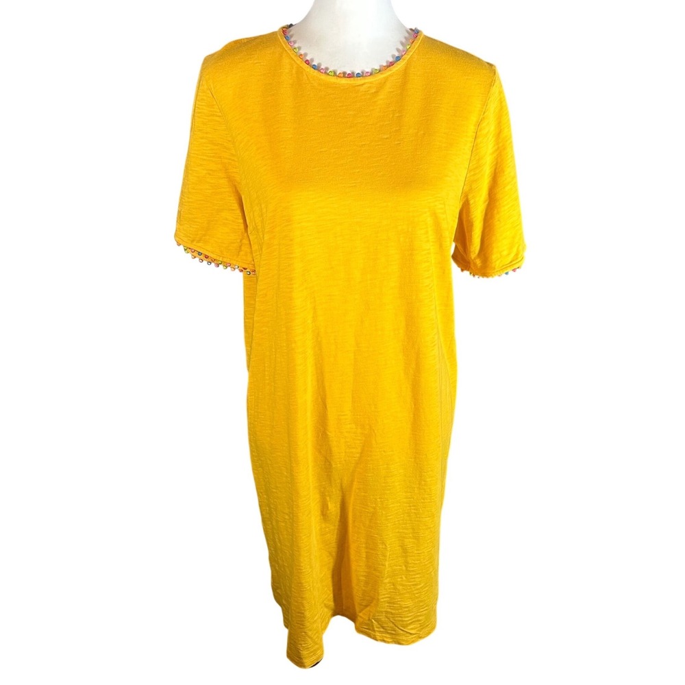 Boden T-Shirt Ali Pom Dress Womens 12 Mustard Yellow Pom Pom‎ Trim Short Sleeve